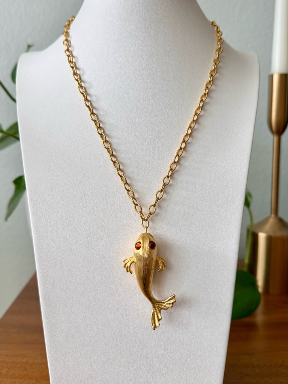 Vintage Gold Articulated Fish Necklace Amber Glass Cabochon Eyes Hidden Storage